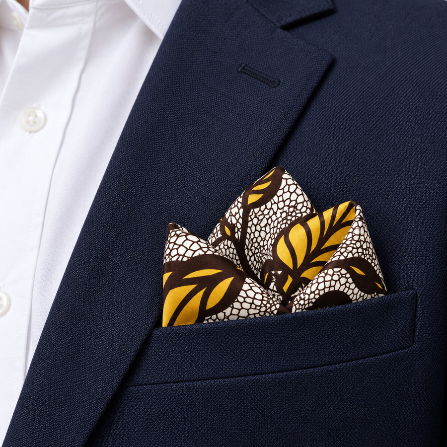 Autumn to Remember pocket square — navy jacket · alternate fold.