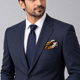 Autumn to Remember pocket square — formal model · navy and tie.