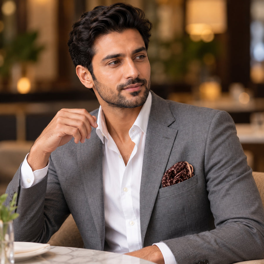 Chocolate HoneyComb pocket square — restaurant lifestyle.