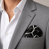 Black and White Hexagonal pocket square — light jacket · wearing detail.