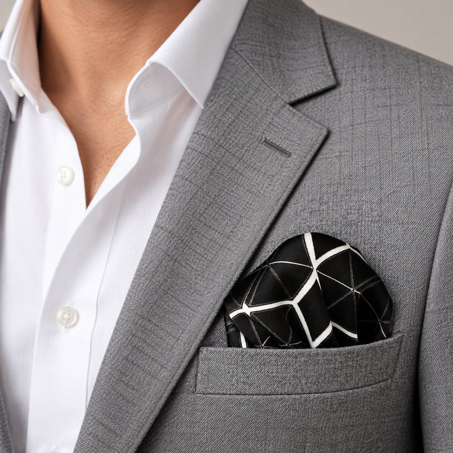 Black and White Hexagonal pocket square — light jacket · wearing detail.
