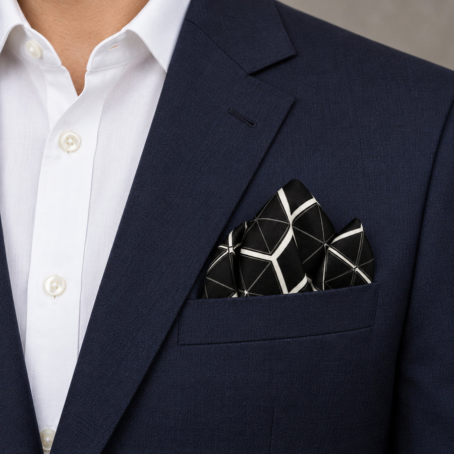 Black and White Hexagonal pocket square — navy jacket · alternate fold.
