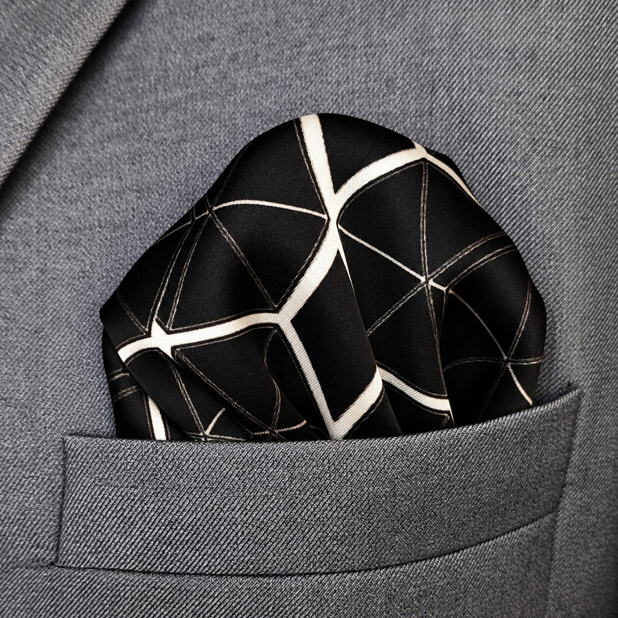 Black and White Hexagonal pocket square — close-up wearing detail.