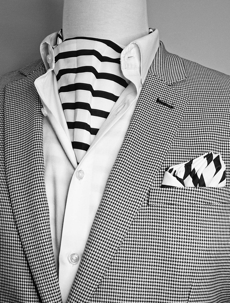 Black & White Stripes Silk Ascot & Pocket Square Set - Combo Sets | Monzoro Pakistan