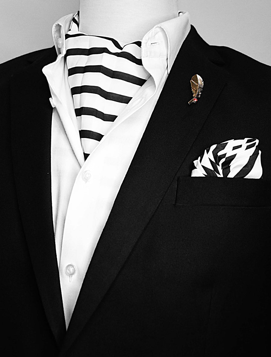 Black & White Stripes Silk Ascot Set - Combo Sets | Monzoro Pakistan