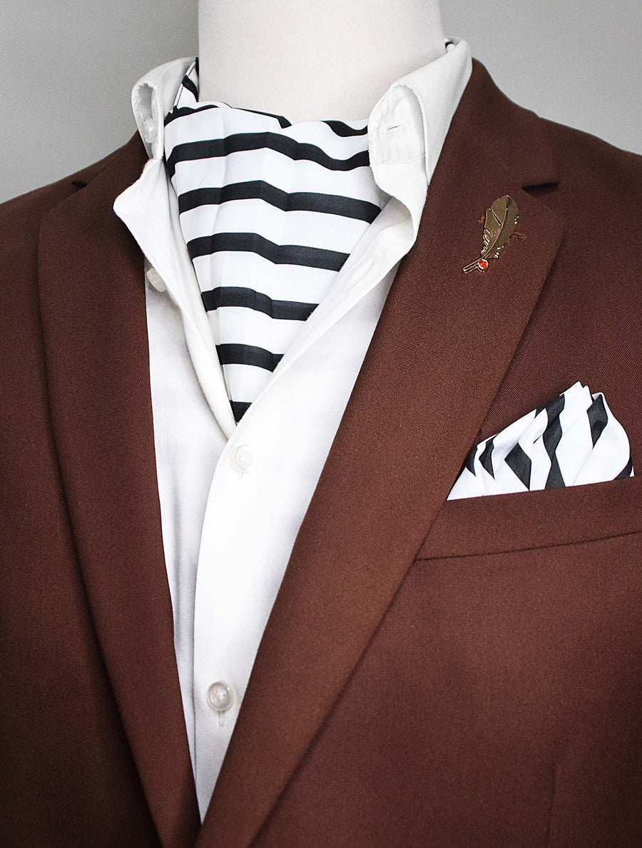 Black & White Stripes Silk Ascot Set - Combo Sets | Monzoro Pakistan