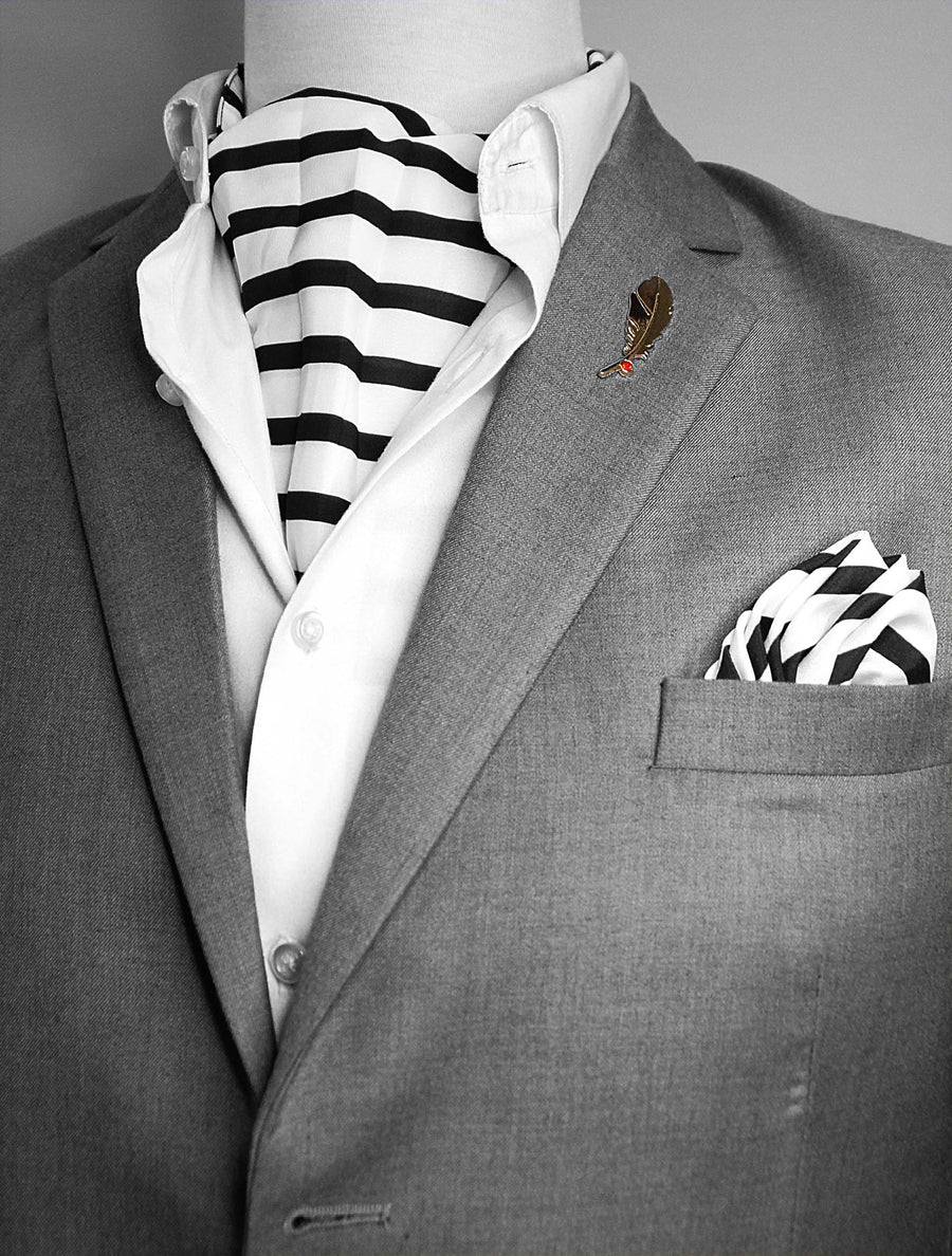 Black & White Stripes Silk Ascot Set - Combo Sets | Monzoro Pakistan