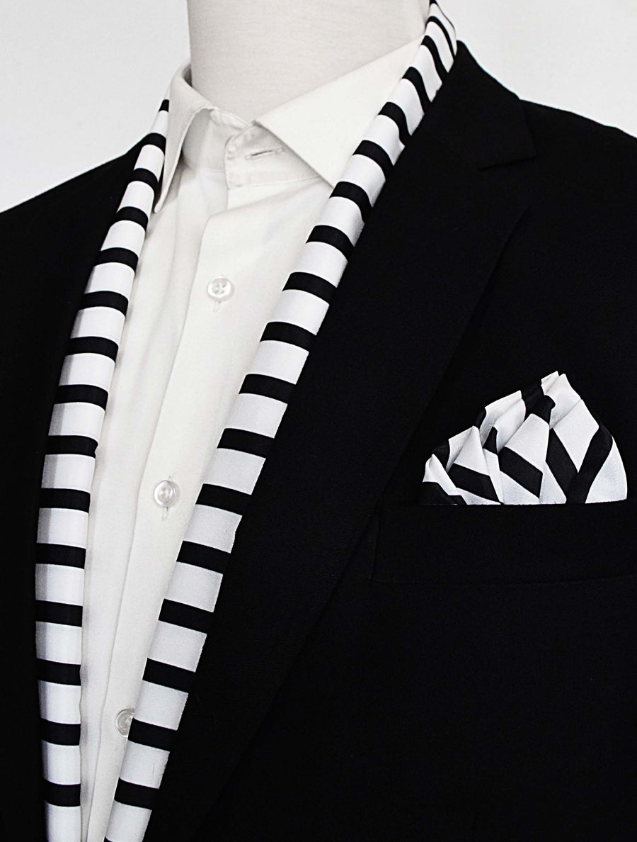 Black & White Stripes Silk Scarf & Pocket Square Set - Combo Sets | Monzoro Pakistan