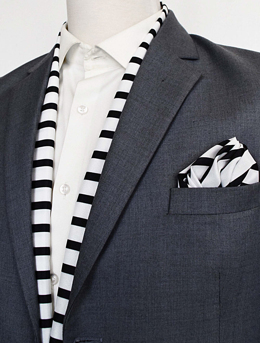 Black & White Stripes Silk Scarf & Pocket Square Set - Combo Sets | Monzoro Pakistan
