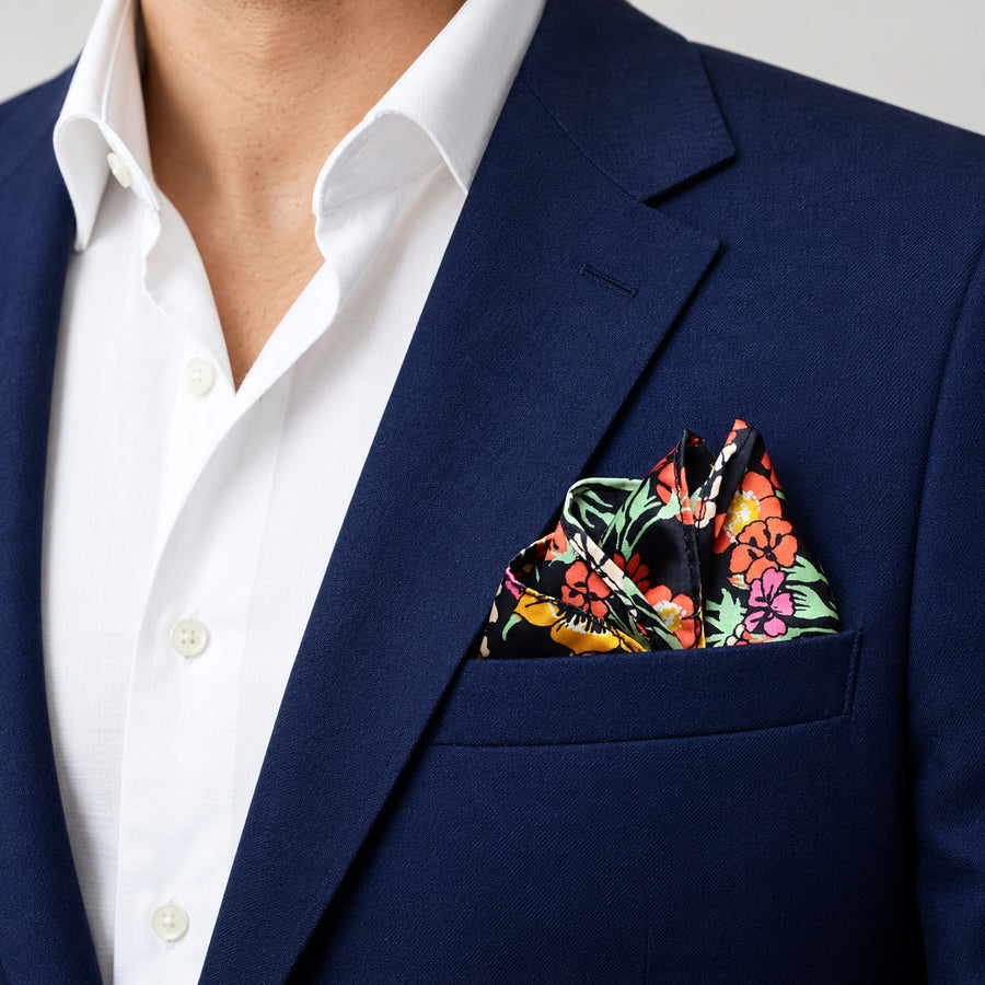 Black Boho Japanese pocket square — navy jacket · wearing detail.