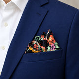 Black Boho Japanese pocket square — navy jacket · alternate fold.