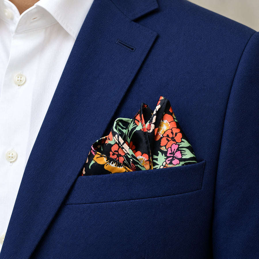 Black Boho Japanese pocket square — navy jacket · alternate fold.
