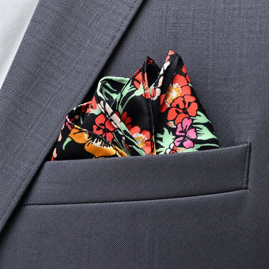 Black Boho Japanese pocket square — close-up wearing detail.