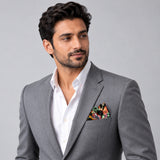 Black Boho Japanese pocket square — model · light grey and open collar.
