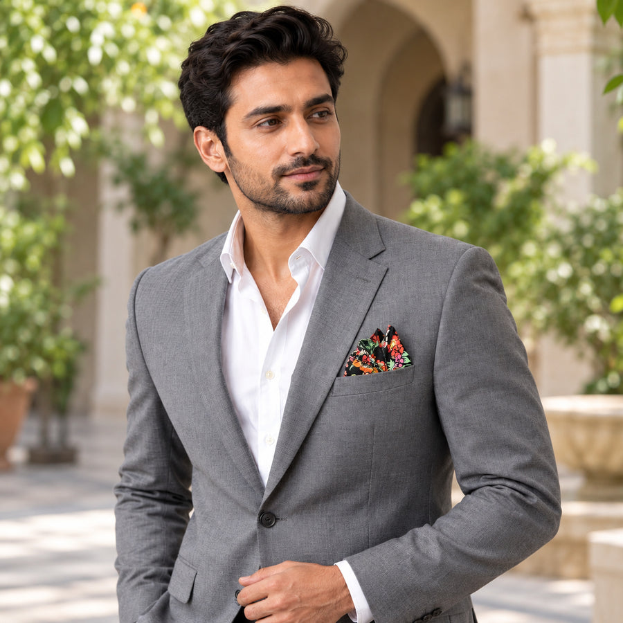 Black Boho Japanese pocket square — outdoor lifestyle.