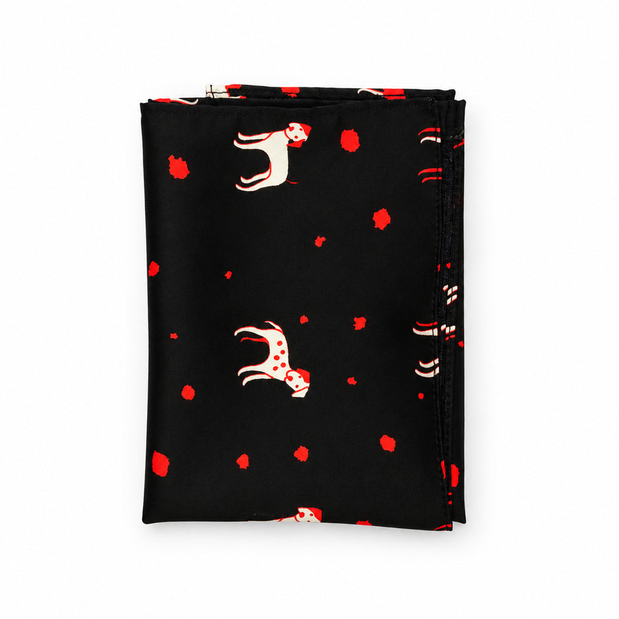Black Dalmatian pocket square — folded product.