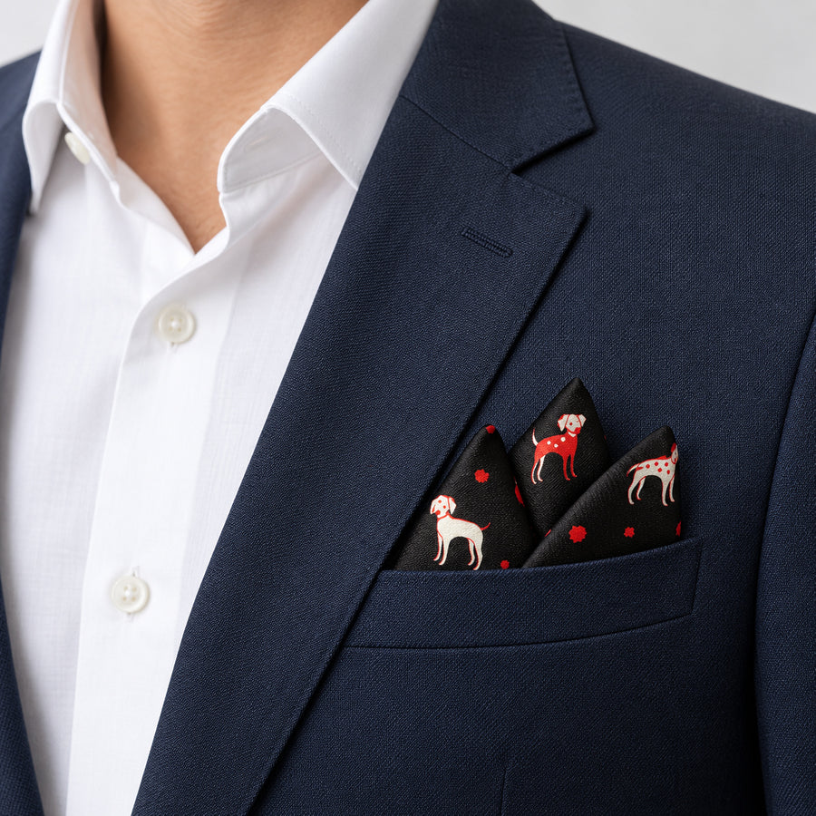 Black Dalmatian pocket square — navy jacket · alternate fold.