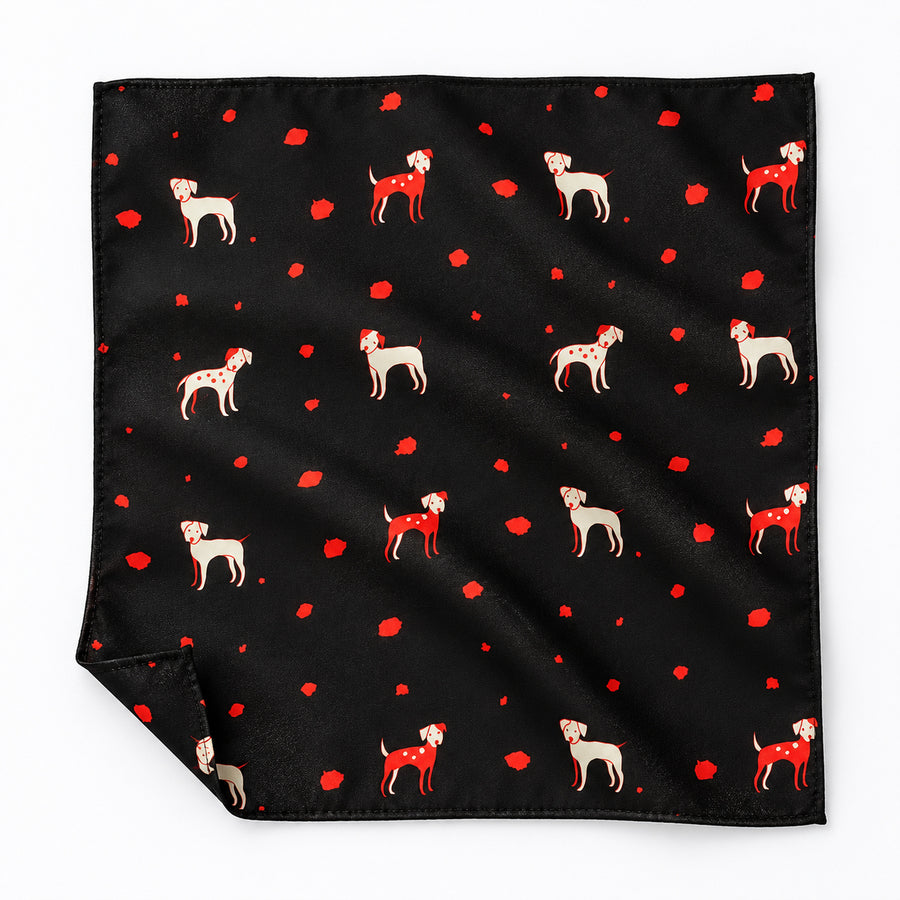 Black Dalmatian pocket square — unfolded studio detail.