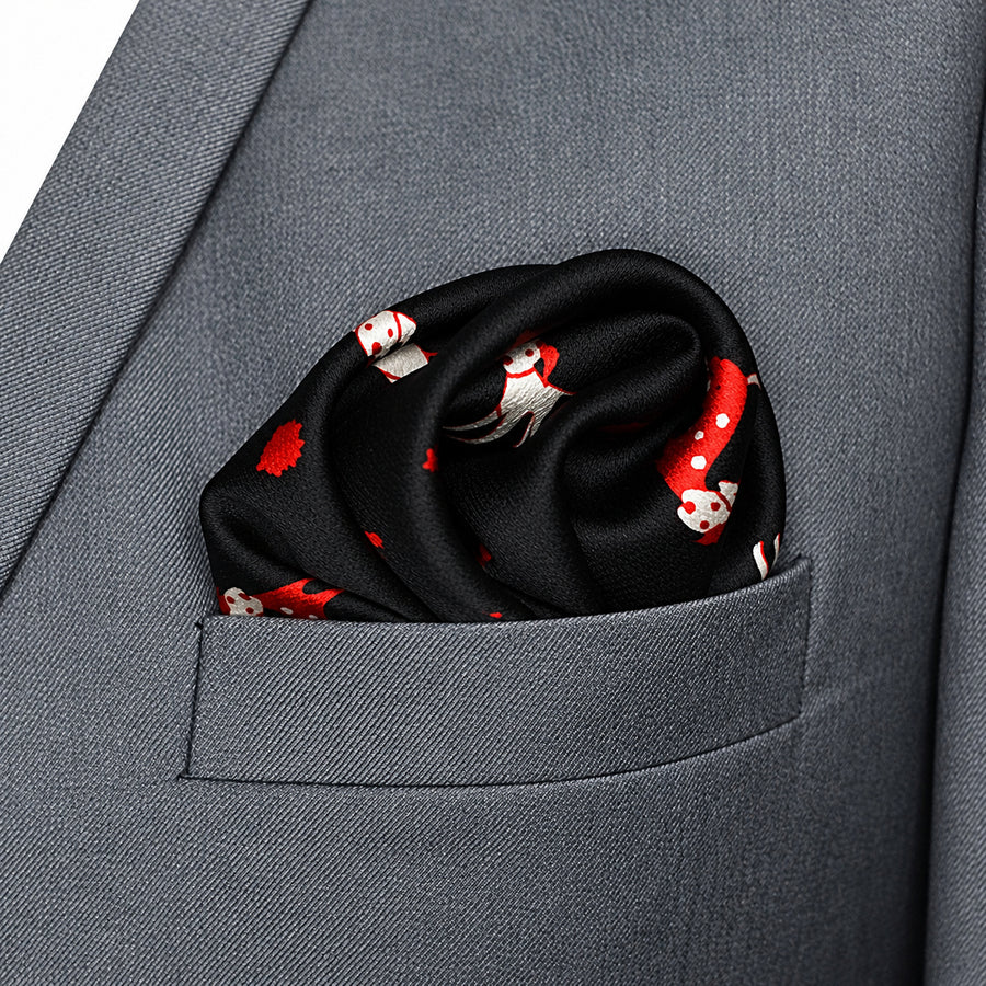 Black Dalmatian pocket square — close-up wearing detail.