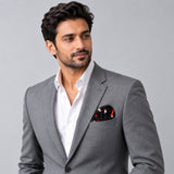 Black Dalmatian pocket square — model · light grey and open collar.