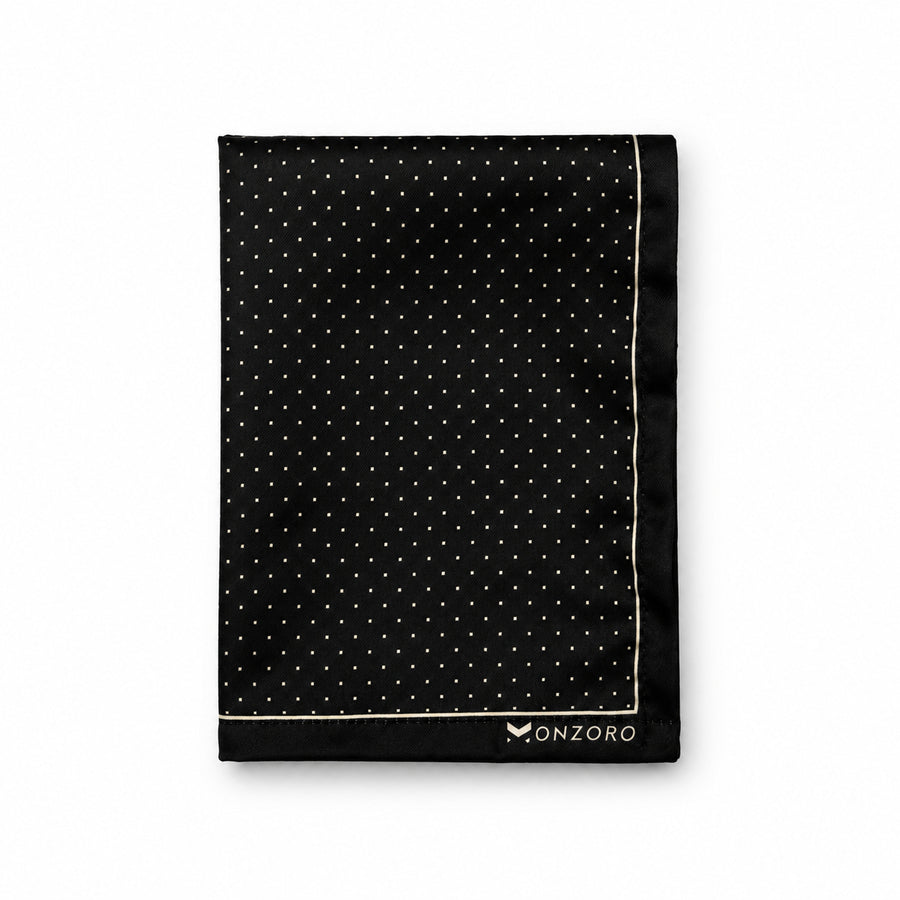 Black Dot Polka pocket square — folded product.