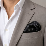 Black Dot Polka pocket square — light jacket · wearing detail.