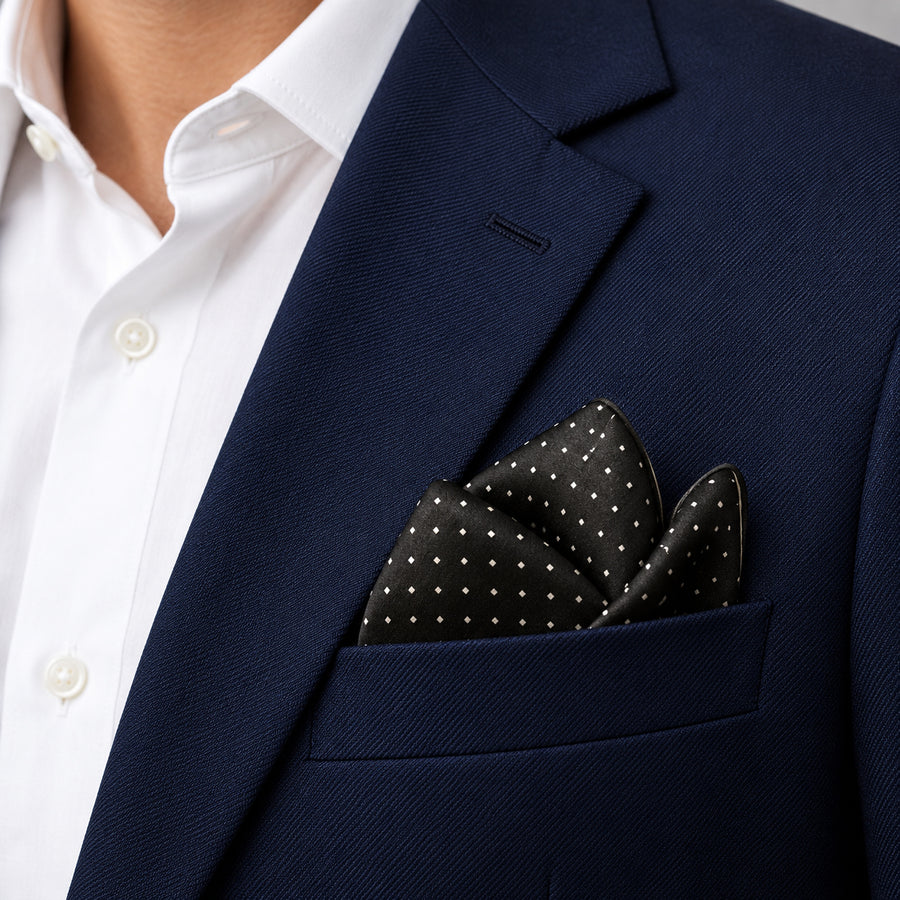Black Dot Polka pocket square — navy jacket · alternate fold.