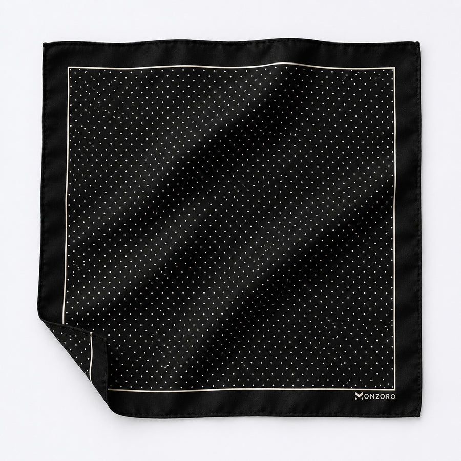 Black Dot Polka pocket square — unfolded studio detail.