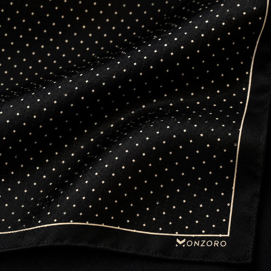 Black Dot Polka pocket square — fabric and design close-up.