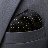 Black Dot Polka pocket square — close-up wearing detail.
