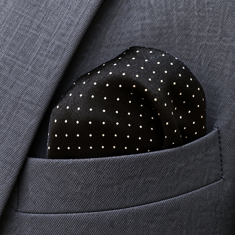 Black Dot Polka pocket square — close-up wearing detail.