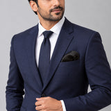 Black Dot Polka pocket square — formal model · navy and tie.