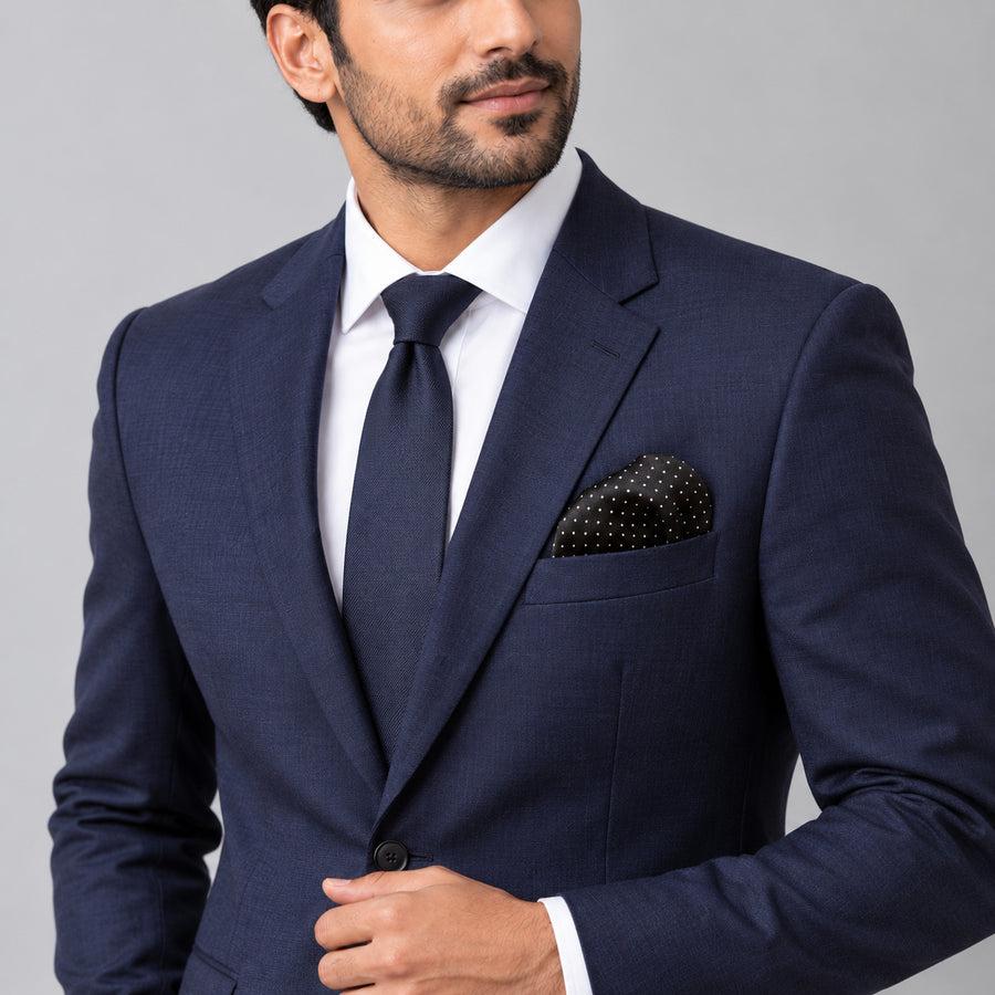 Black Dot Polka pocket square — formal model · navy and tie.