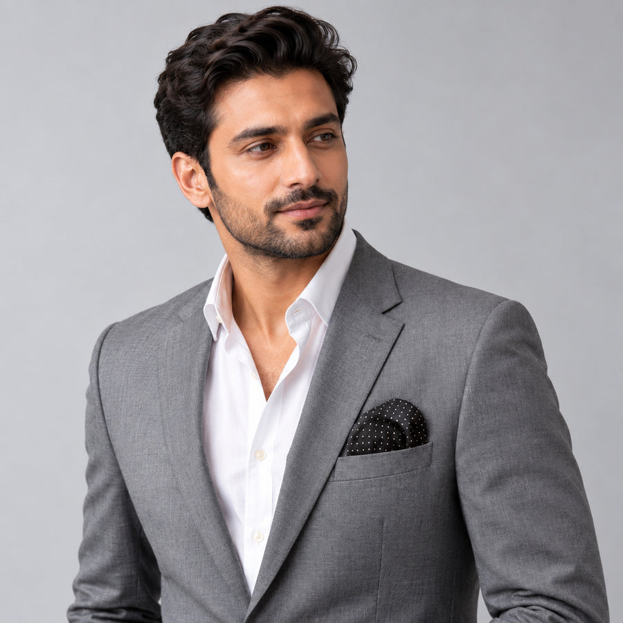 Black Dot Polka pocket square — model · light grey and open collar.