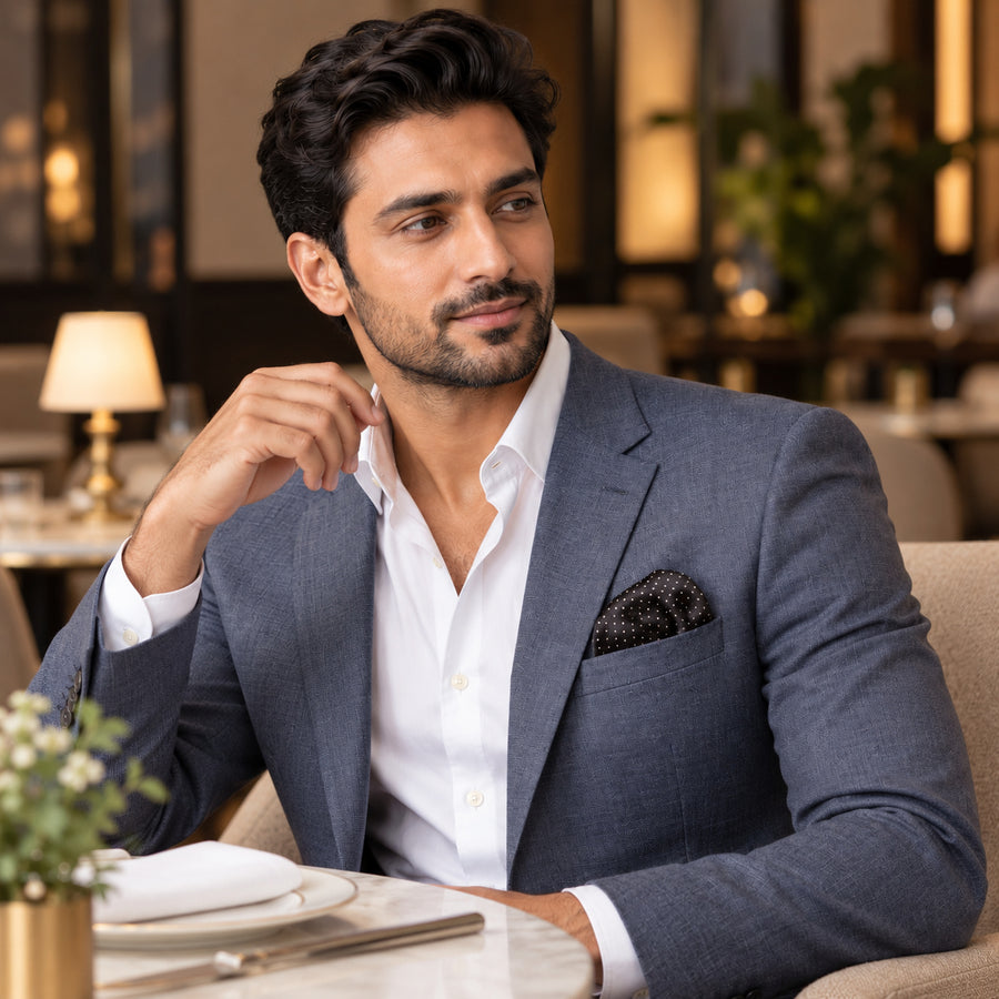 Black Dot Polka pocket square — restaurant lifestyle.