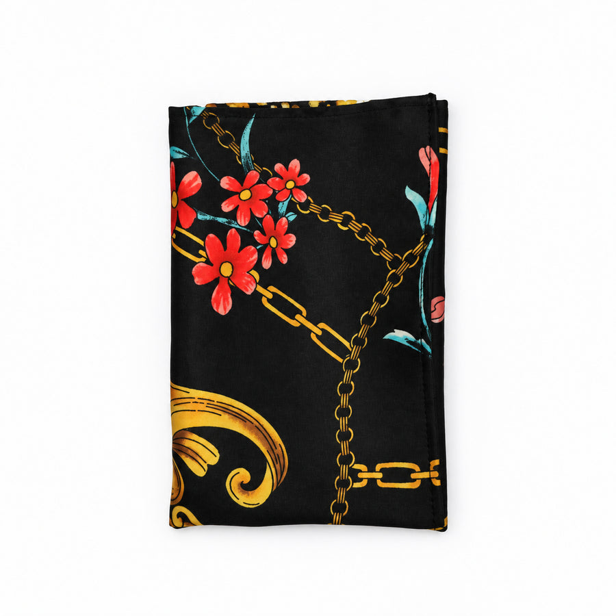 Black & Gold Chain Pattern pocket square — folded product.