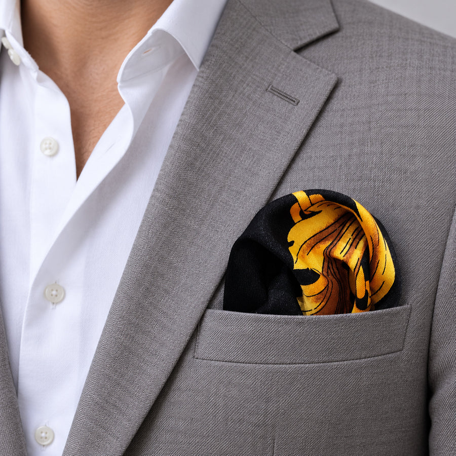 Black & Gold Chain Pattern pocket square — light jacket · wearing detail.