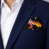 Black & Gold Chain Pattern pocket square — navy jacket · alternate fold.