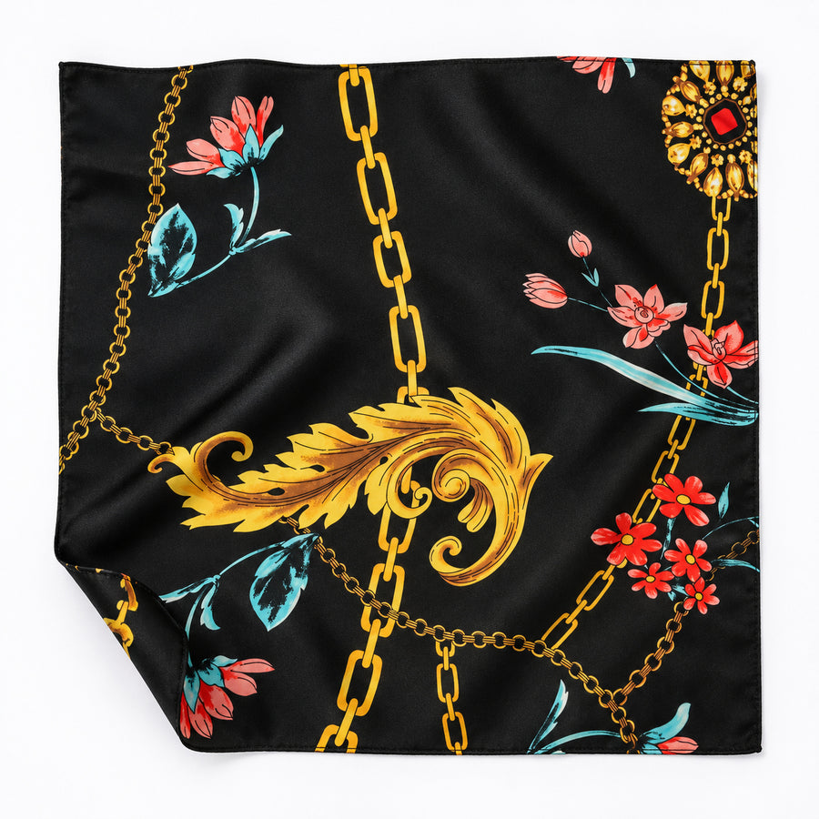 Black & Gold Chain Pattern pocket square — unfolded studio detail.