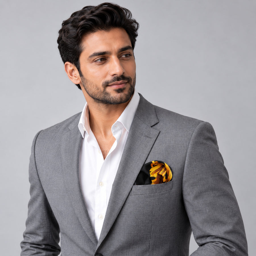 Black & Gold Chain Pattern pocket square — model · light grey and open collar.