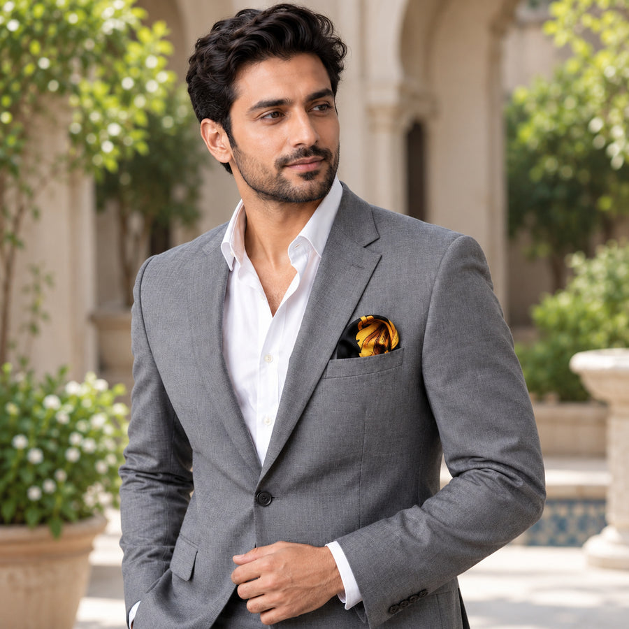 Black & Gold Chain Pattern pocket square — outdoor lifestyle.