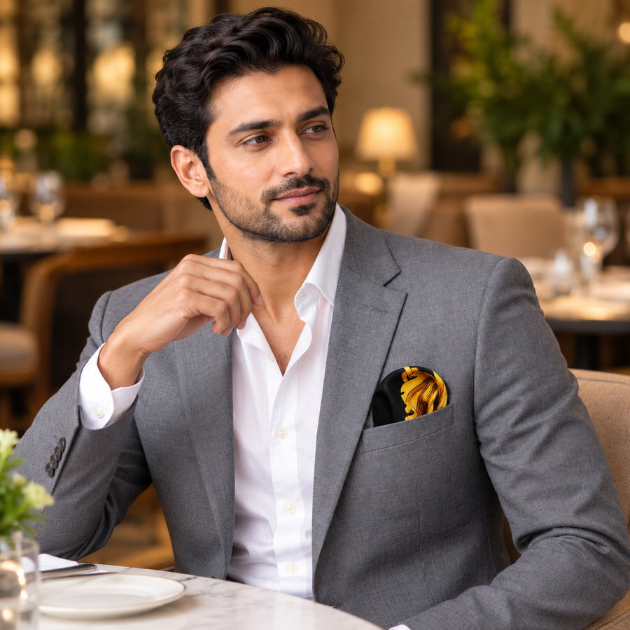 Black & Gold Chain Pattern pocket square — restaurant lifestyle.