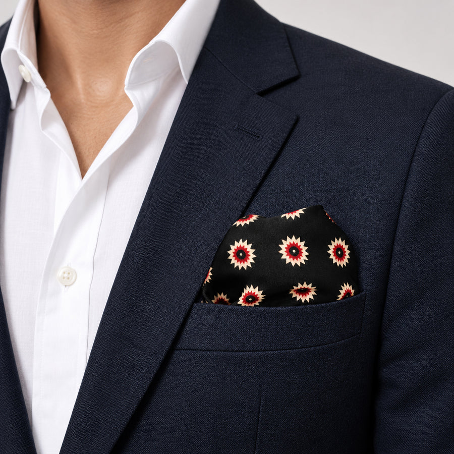 Black & Gold Reversible pocket square — navy jacket · wearing detail.