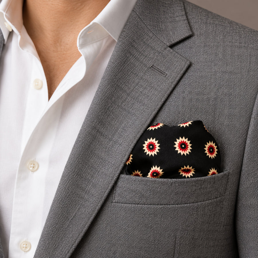 Black & Gold Reversible pocket square — light jacket · wearing detail.