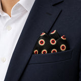 Black & Gold Reversible pocket square — navy jacket · alternate fold.