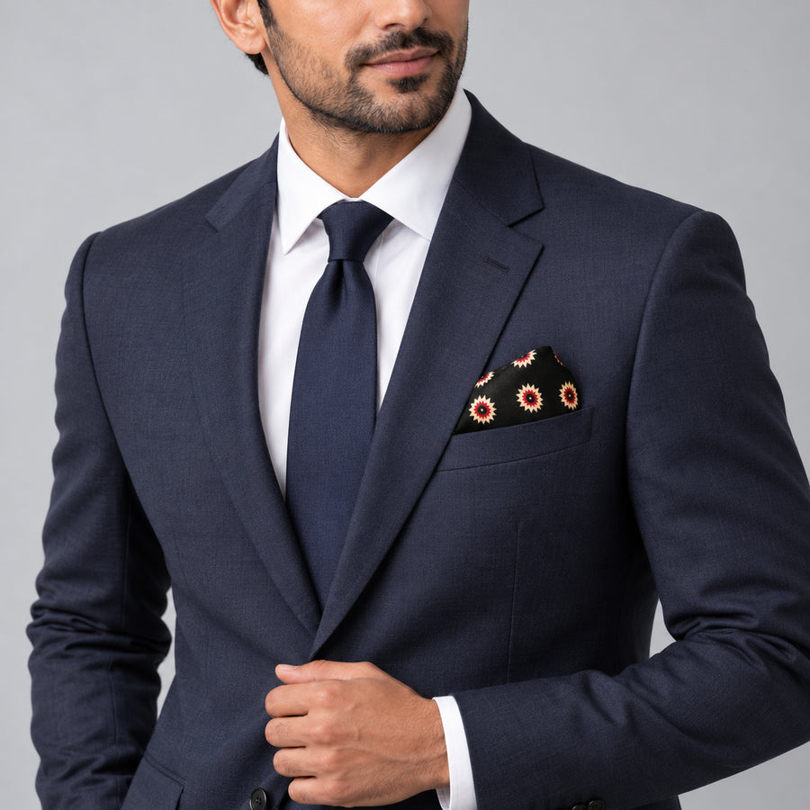 Black & Gold Reversible pocket square — formal model · navy and tie.