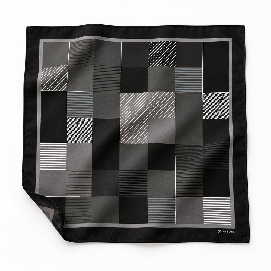 Black & White Abstract pocket square — unfolded studio detail.
