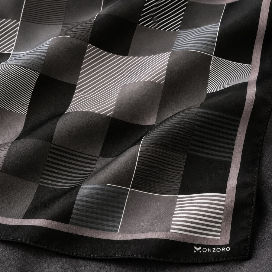 Black & White Abstract pocket square — fabric and design close-up.