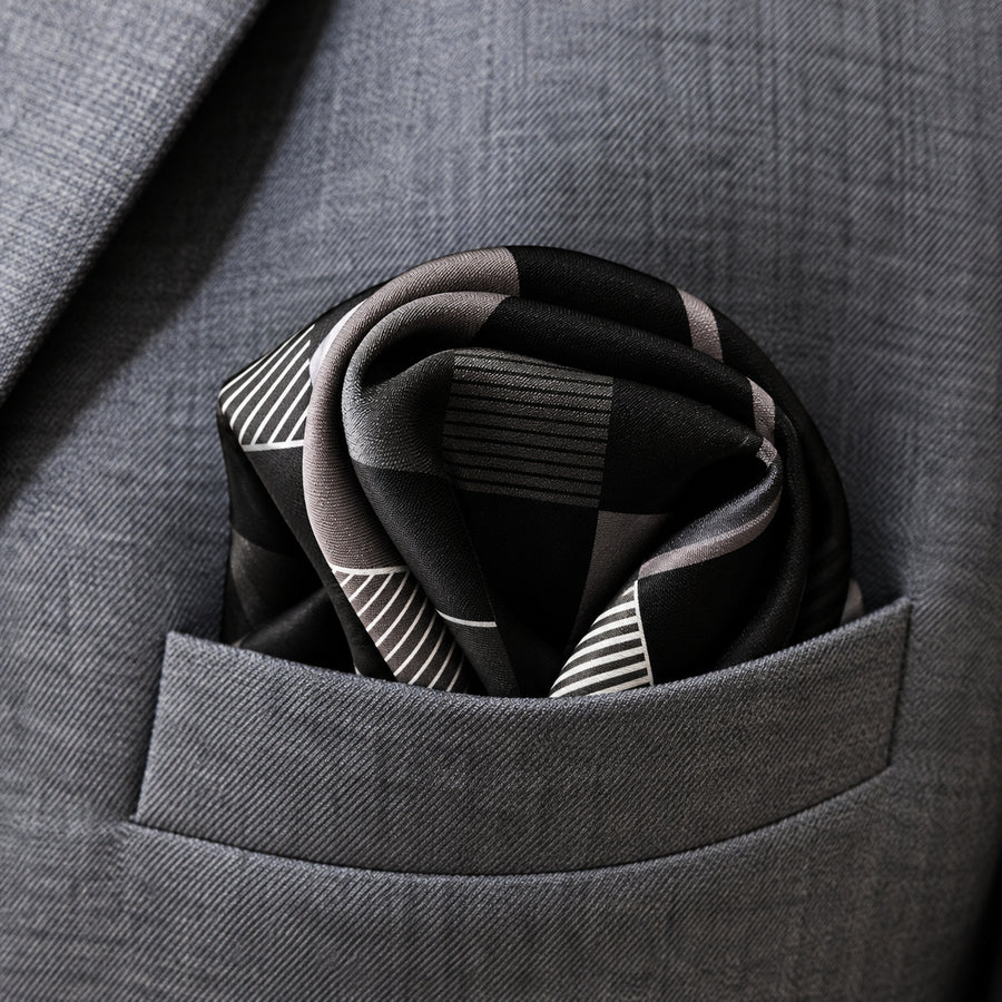 Black & White Abstract pocket square — close-up wearing detail.
