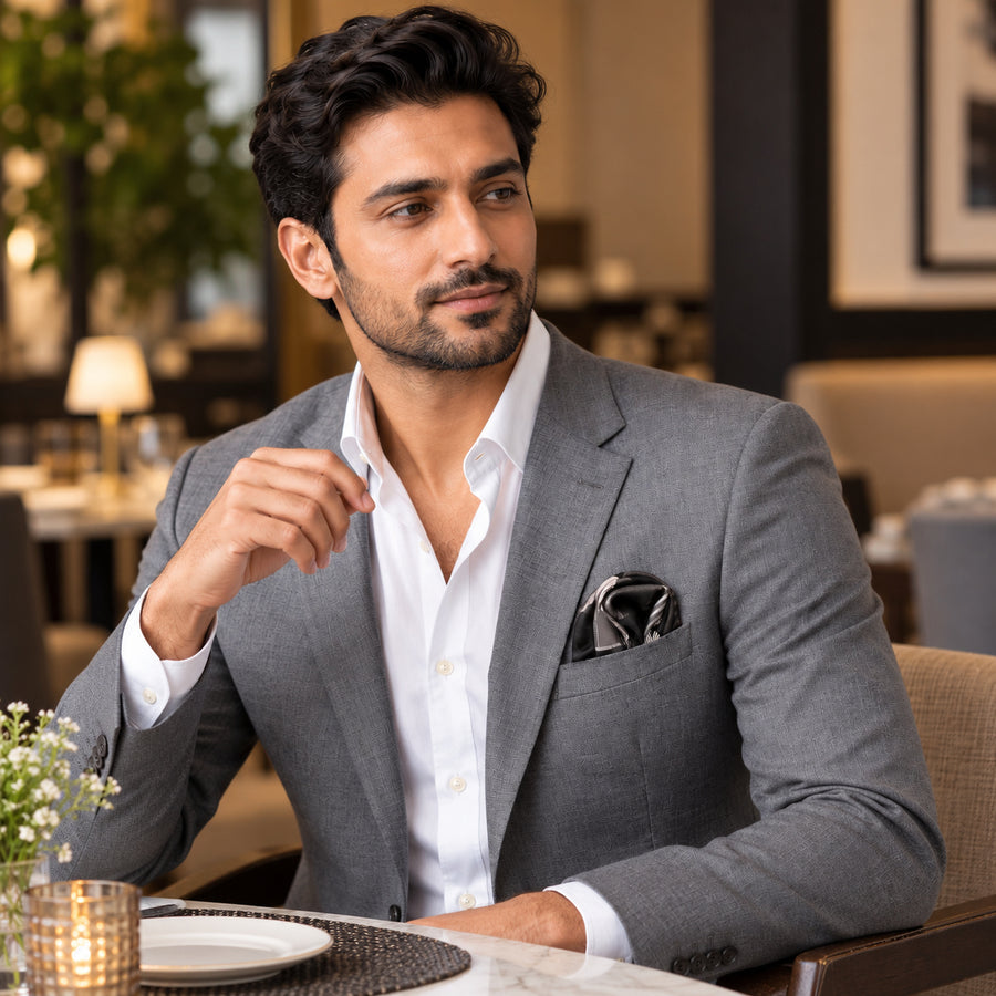 Black & White Abstract pocket square — restaurant lifestyle.